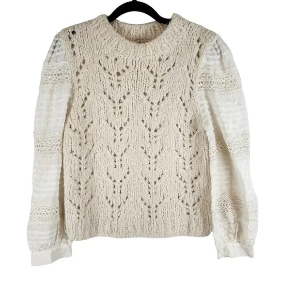 Sea New York Ellie Combo Sweater Cable Knit Puff Lace Sleeves Cream Alpaca Wool - Picture 2 of 14